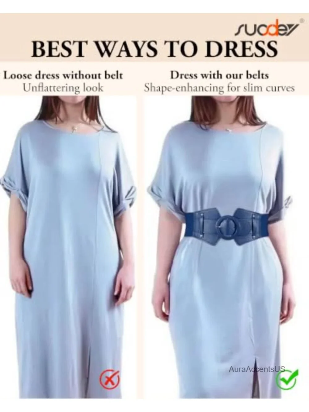Wide PU Leather Elastic Waist Belt with Round Buckle for Dresses